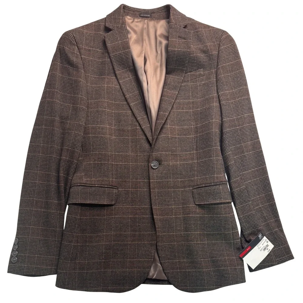 JF J.Ferrar Mens Slim Fit Glen Plaid Sport Coat Blazer Brown Multi 36R NEW